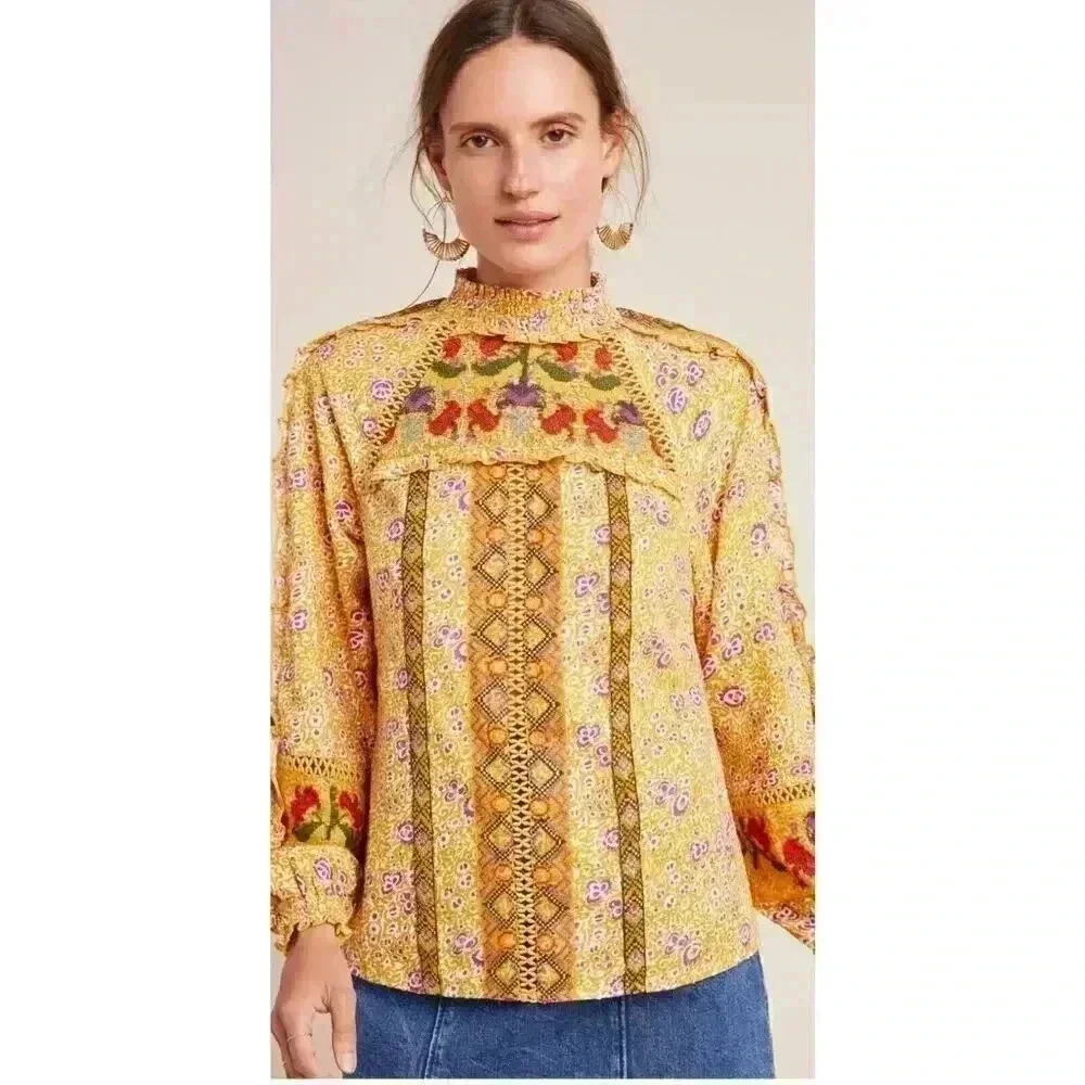 NWT Maeve Anthropologie Goldie Embroidered Yellow Floral Ruffle Blouse. Size 6P